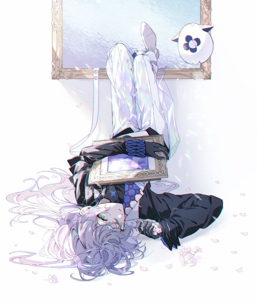 1boy, aqua_eyes, aqua_hair, black_gloves, black_shirt, ch_s_pn, collared_shirt, full_body