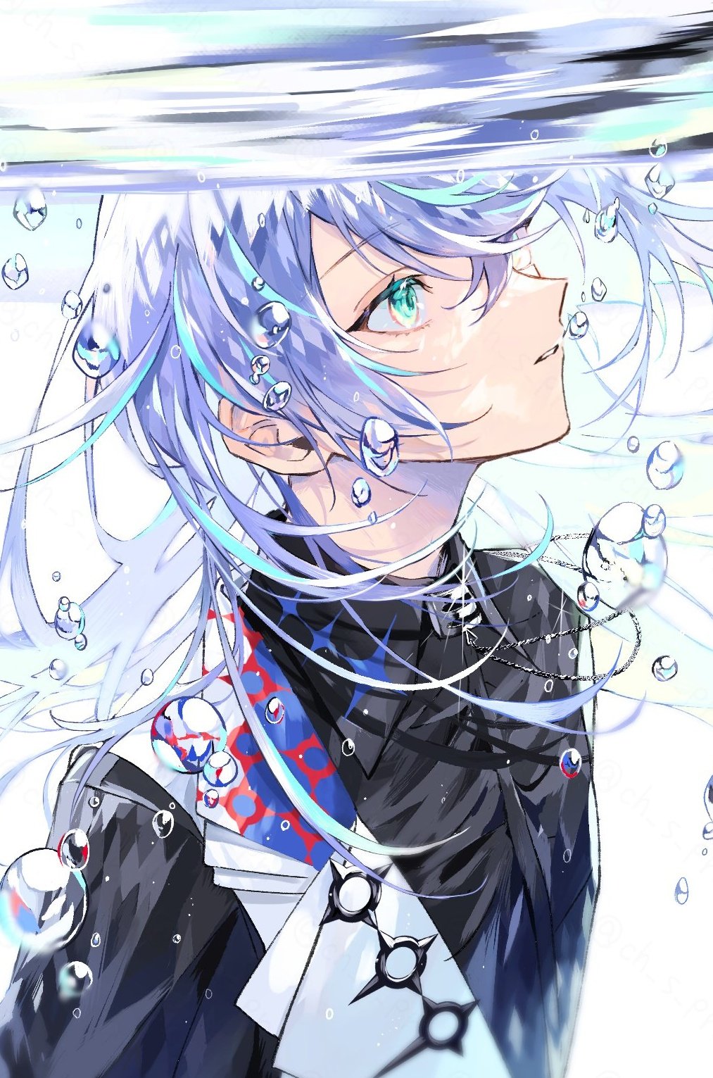 1boy, aqua_eyes, aqua_hair, black_shirt, blurry, bubble, ch_s_pn, collared_shirt