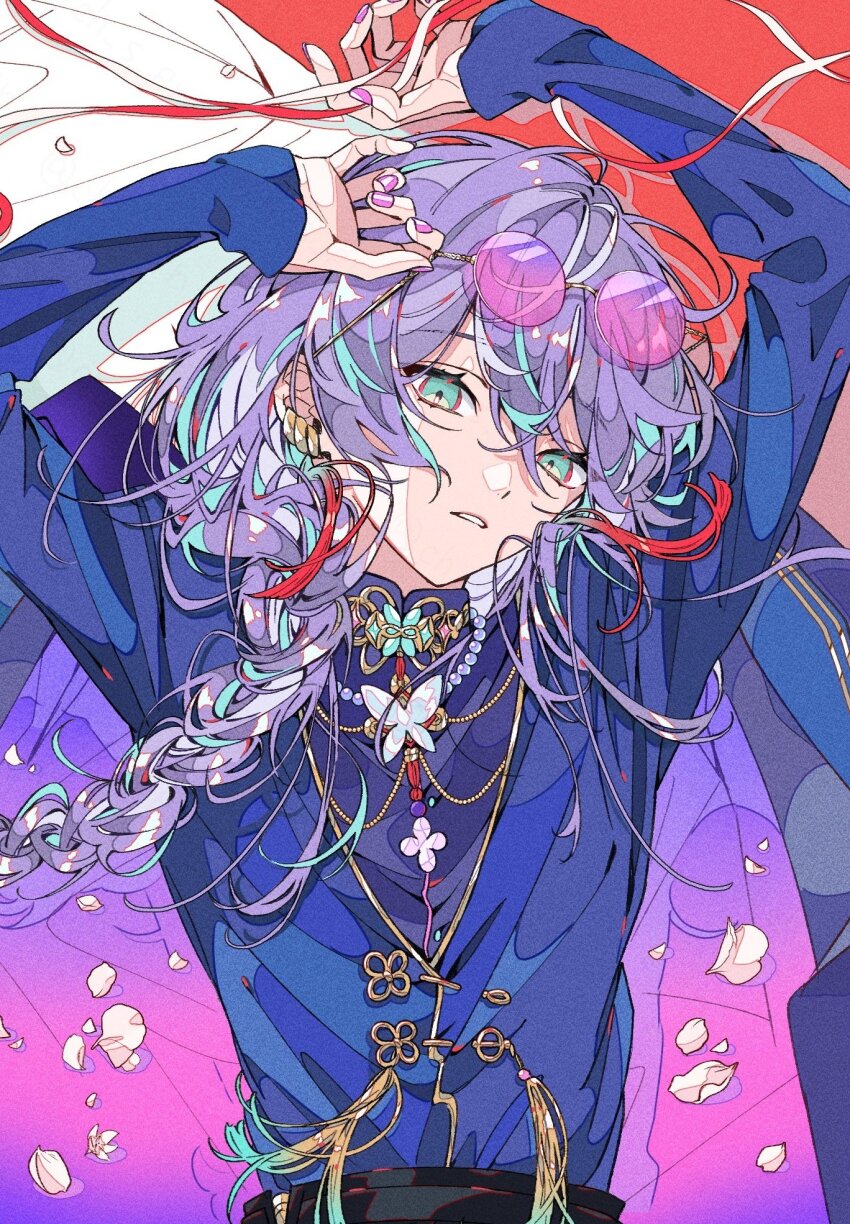 1boy, aqua_eyes, aqua_hair, blue_shirt, braid, brooch, butterfly_brooch, ch_s_pn