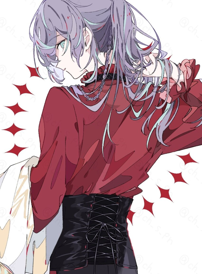 1boy, alternate_costume, aqua_eyes, aqua_hair, black_corset, braid, ch_s_pn, collared_shirt