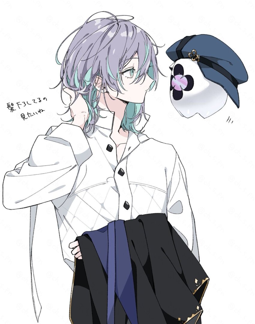 1boy, aqua_eyes, aqua_hair, beret, blue_hat, buttons, ch_s_pn, collared_shirt