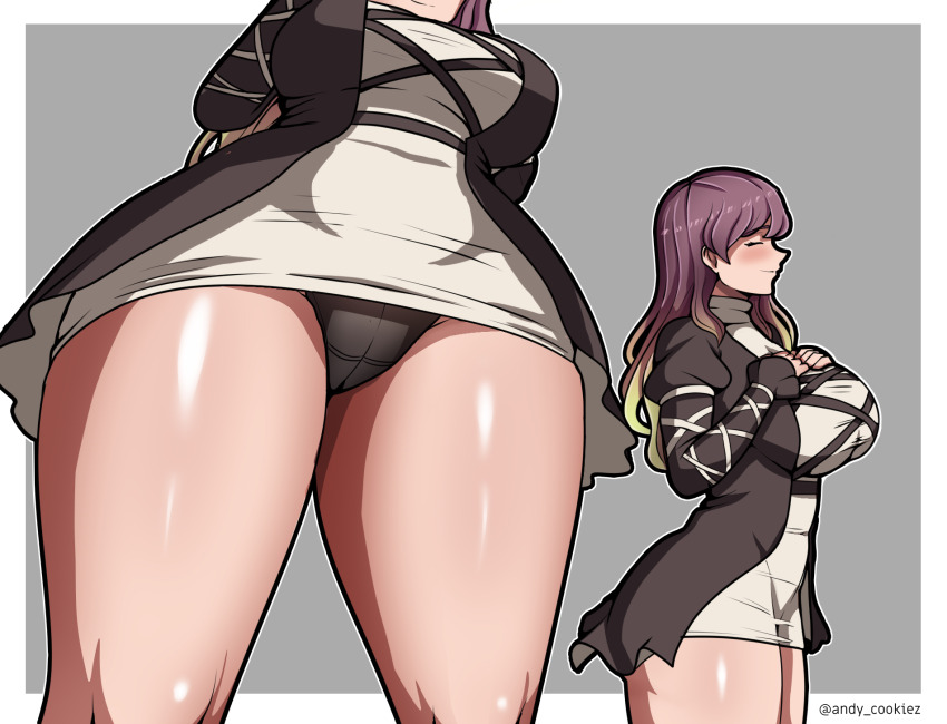 1girl, andycookiez, bare_legs, black_dress, black_panties, blonde_hair, breasts, cameltoe