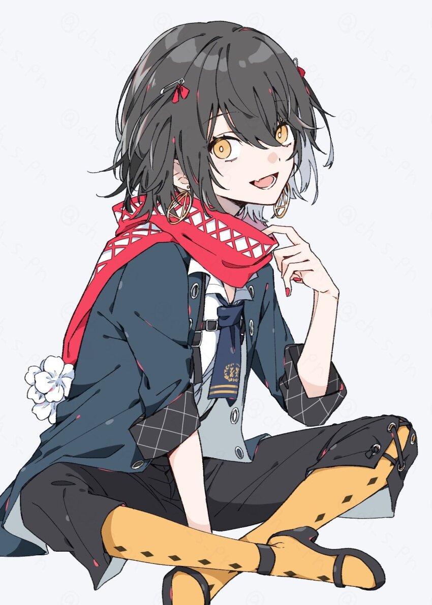 1boy, :d, black_hair, black_necktie, black_pants, black_sandals, blue_coat, bright_pupils, ch_s_pn, coat, collared_shirt, fang, full_body, hair_ribbon, high_heel_sandals, high_heels, highres, indian_style, male_focus, mashiro_meme, mashiro_meme_(1st_costume), nail_polish, necktie, nijisanji, open_mouth, pants, red_nails, red_scarf, ribbon, sandals, scarf, shirt, short_hair, simple_background, sitting, skin_fang, smile, solo, trap, two_side_up, virtual_youtuber, white_background, white_pupils, white_shirt, yellow_eyes