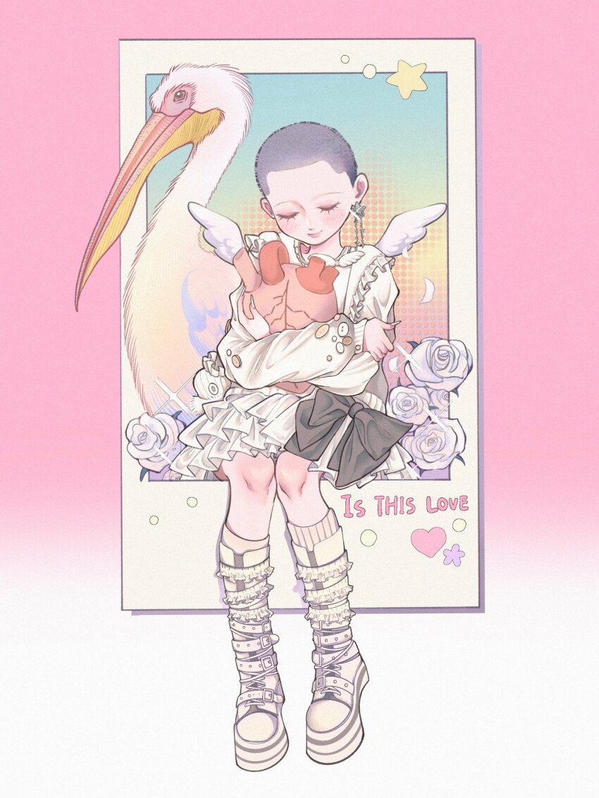 1girl, bird, bird_request, black_bow, blush, boots, bow, buttons