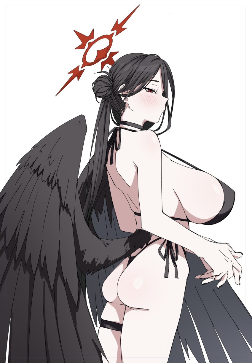 1girl, ass, bikini, black_bikini, black_choker, black_hair, black_nails, black_wings
