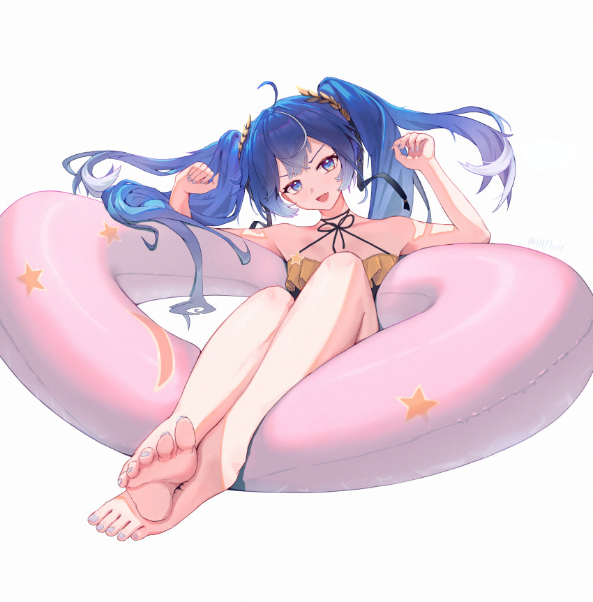 1girl, ahoge, alternate_costume, bare_shoulders, barefoot, blue_eyes, blue_hair, blue_nails