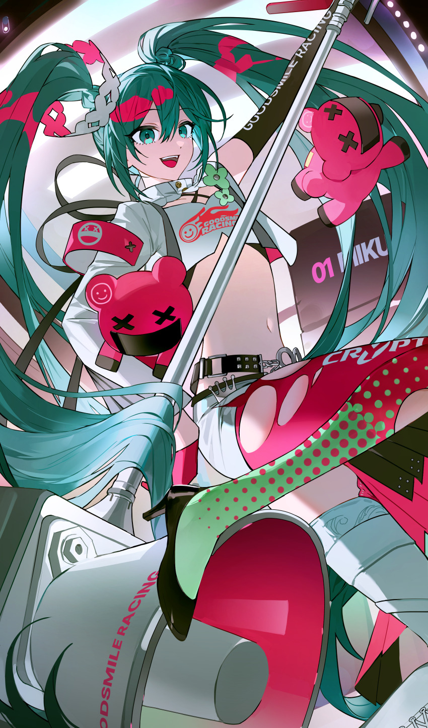 1girl, absurdres, aqua_eyes, aqua_hair, armband, asymmetrical_gloves, asymmetrical_legwear, belt