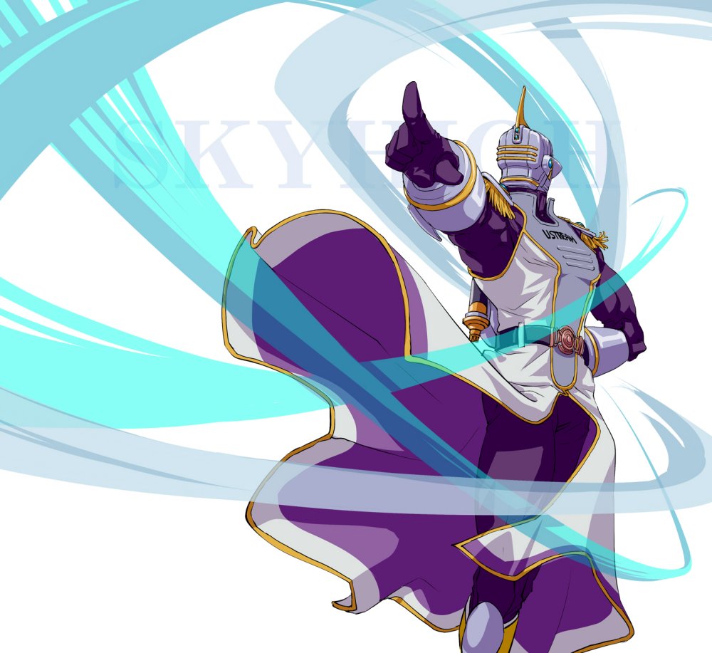 10s, 1boy, armor, bad_id, bad_pixiv_id, epaulettes, helmet, jetpack, keith_goodman, male_focus, pointing, power_armor, power_suit, short_hair, simple_background, sky_high_(tiger_&amp;_bunny), solo, superhero_costume, tiger_&amp;_bunny, tz, v-room, white_background