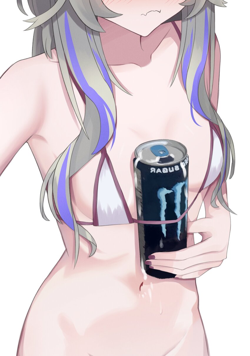 1girl, absurdres, armpits, between_breasts, bikini, blue_hair, breasts, can, drink_can, dripping, energy_drink, flat_chest, greyscale, highres, monochrome, monster_energy, newjeffy7210, phase_connect, rinkou_ashelia, small_breasts, soda_can, swimsuit, virtual_youtuber
