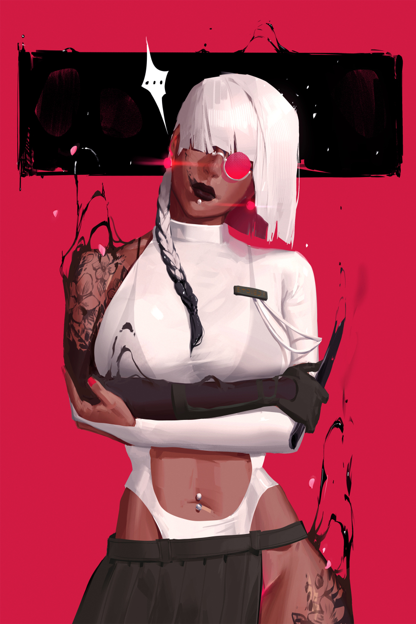 ..., 1girl, absurdres, arm_tattoo, asymmetrical_clothes, black_lips, breasts, clothing_cutout