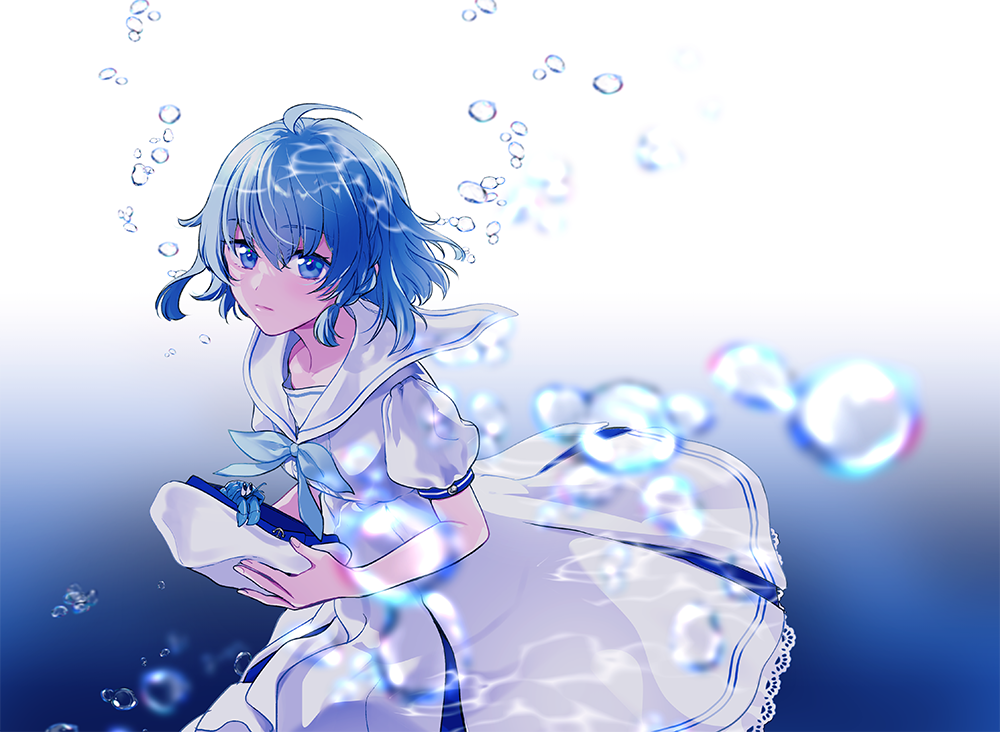 1girl, ahoge, air_bubble, aquarium_wa_odoranai, blue_eyes, blue_hair, bow, braid
