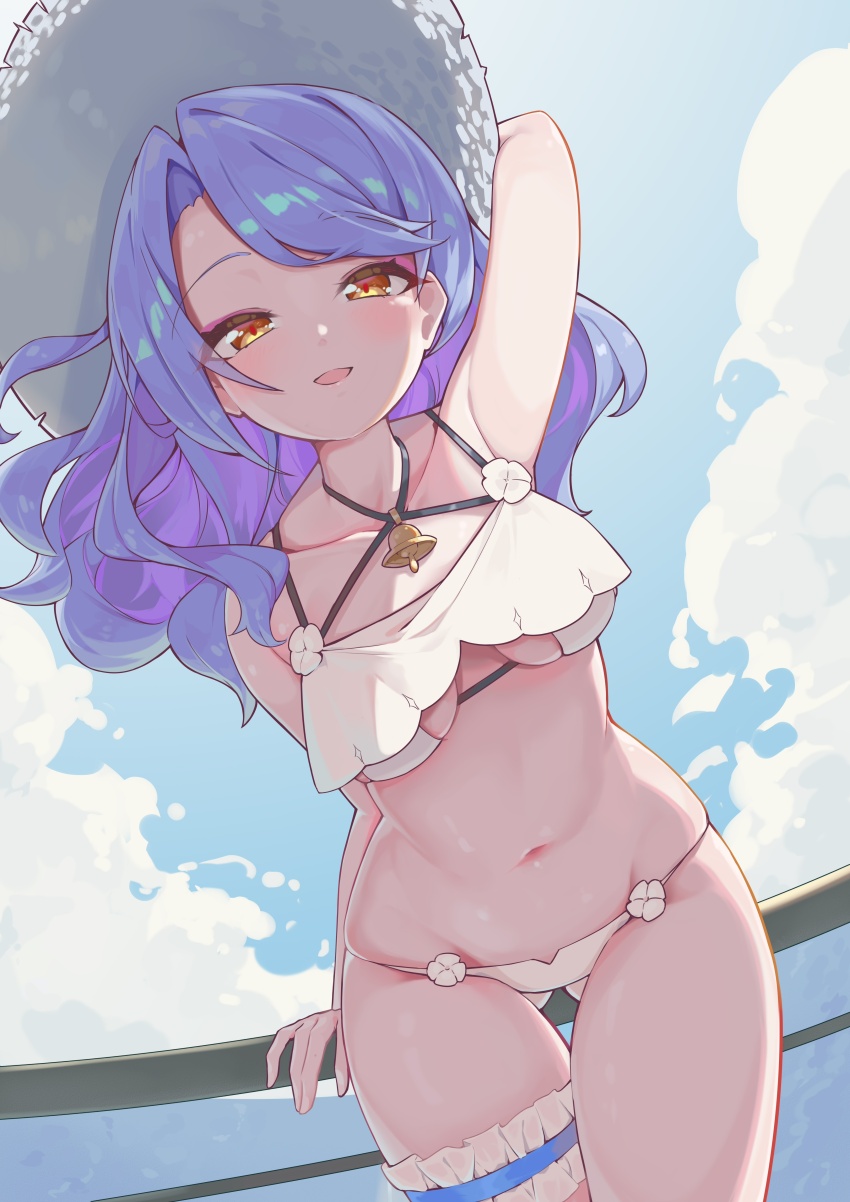 1girl, :d, absurdres, arm_behind_head, arm_up, armpits, bare_shoulders, bell