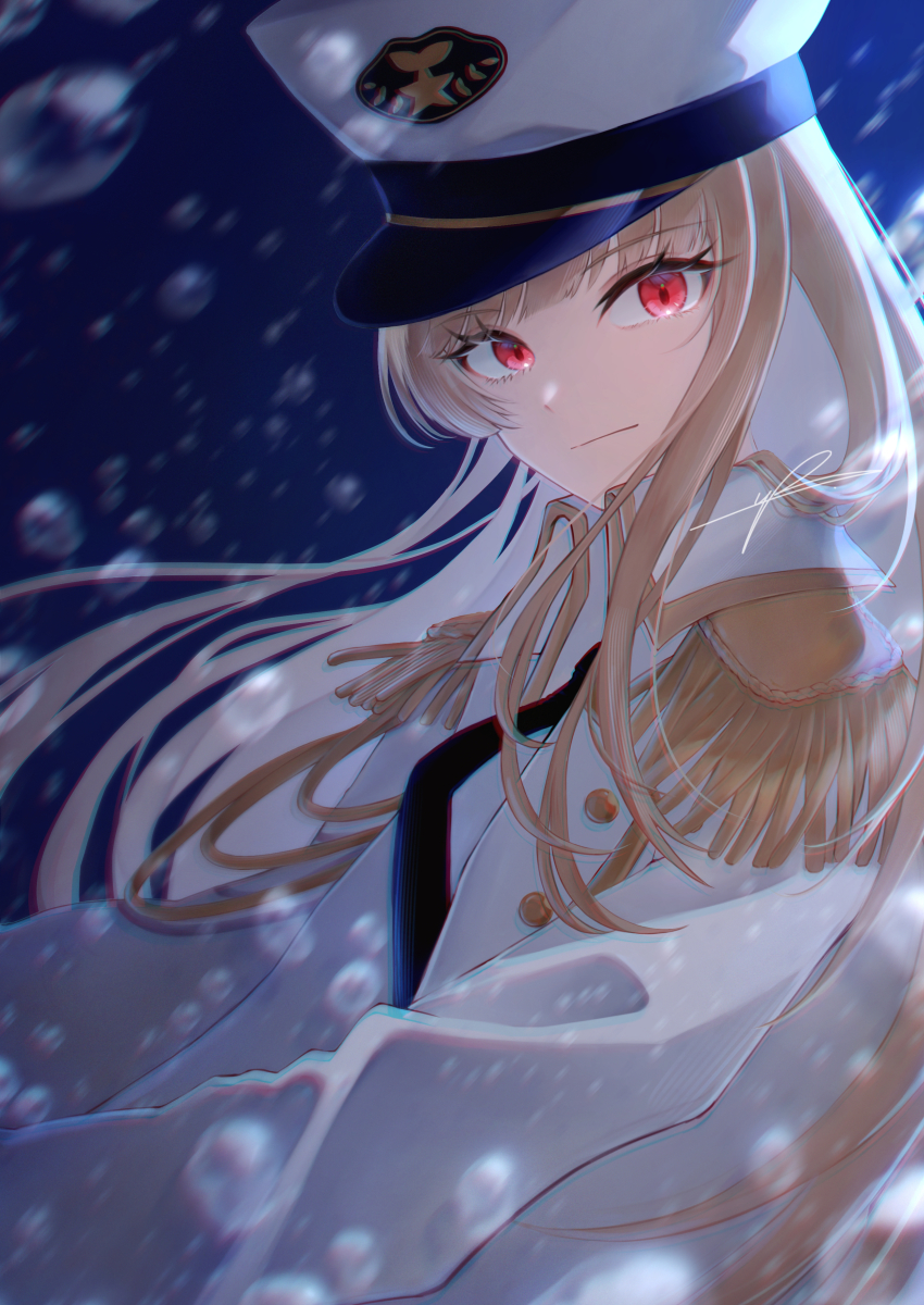 1girl, absurdres, air_bubble, aquarium_wa_odoranai, bubble, collared_shirt, epaulettes, hat, highres, jacket, jacket_on_shoulders, long_hair, military_hat, peaked_cap, red_eyes, retro_(aquarium_wa_odoranai), shirt, solo, submerged, underwater, white_hair, yr_uroy