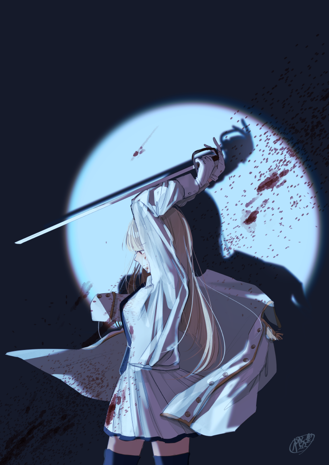 1girl, aquarium_wa_odoranai, black_thighhighs, blood, blood_splatter, collared_shirt, daidai_(nana1234567), epaulettes