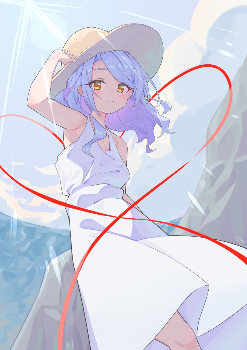 1girl, absurdres, arm_up, blue_hair, blush, breasts, cleavage, closed_mouth