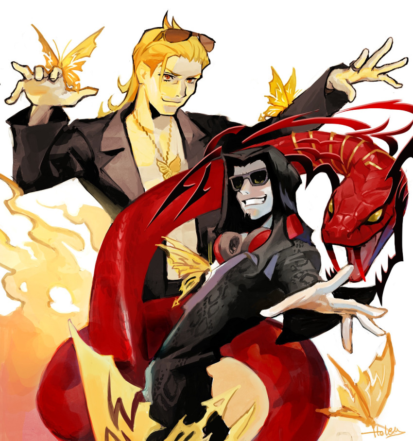 2boys, blonde_hair, bug, butterfly, butterfly_pendant, facial_hair, fangs, fangs_out