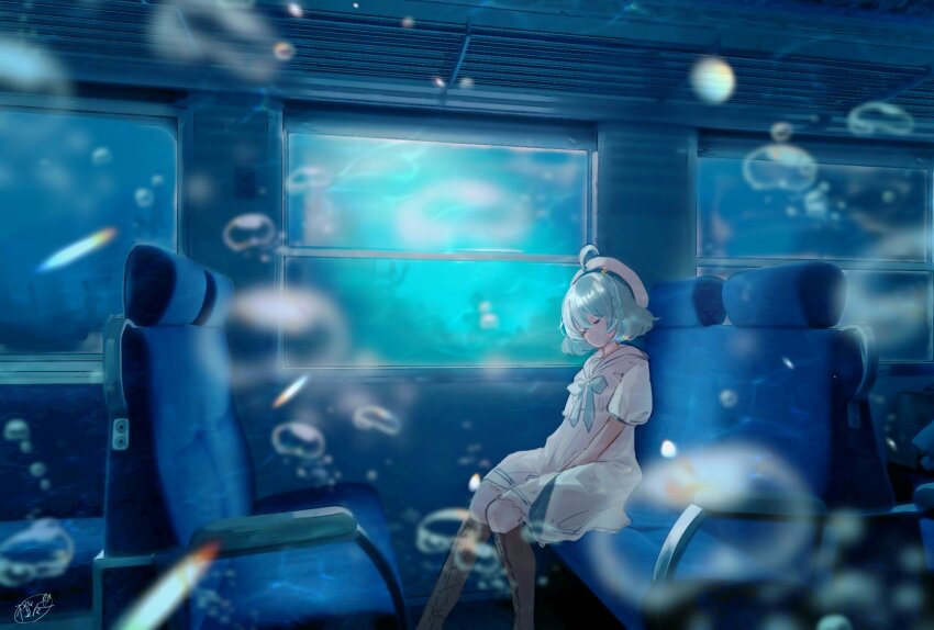 1girl, ahoge, air_bubble, aquarium_wa_odoranai, blue_hair, boots, bow, braid