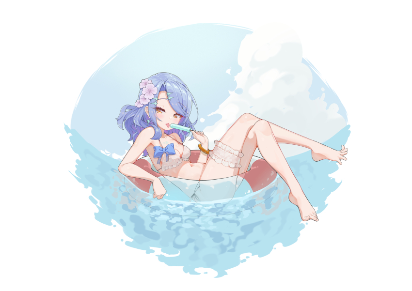 1girl, barefoot, bikini, blue_hair, blue_sky, breasts, cleavage, cloud