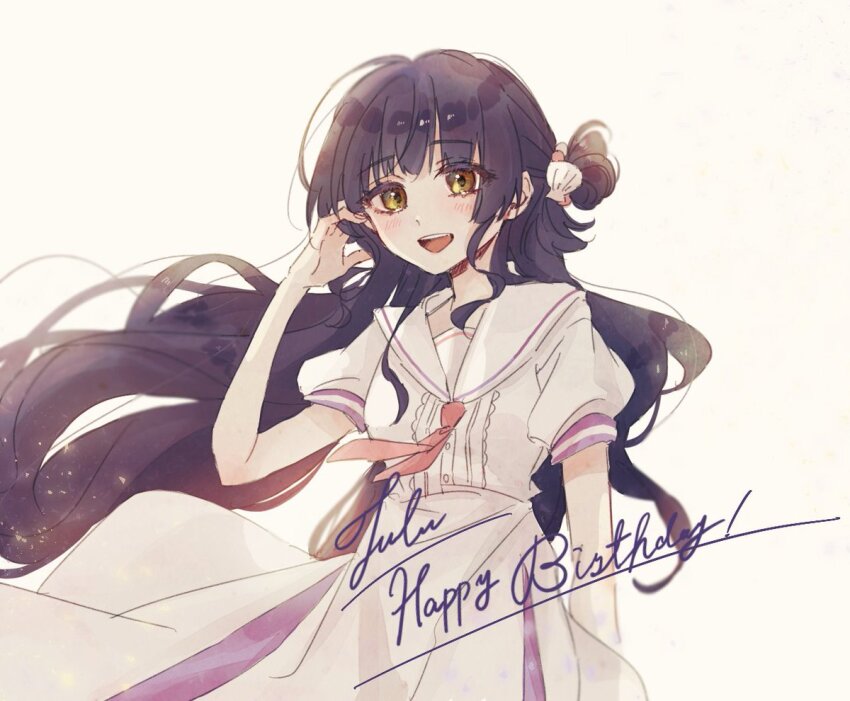 1girl, aquarium_wa_odoranai, blue_hair, blush, dress, hair_bun, hair_ornament, happy_birthday, long_hair, lulu_(aquarium_wa_odoranai), open_mouth, puffy_short_sleeves, puffy_sleeves, sailor_collar, sakizome, shell, shell_hair_ornament, short_sleeves, single_hair_bun, single_side_bun, smile, solo, white_dress, yellow_eyes