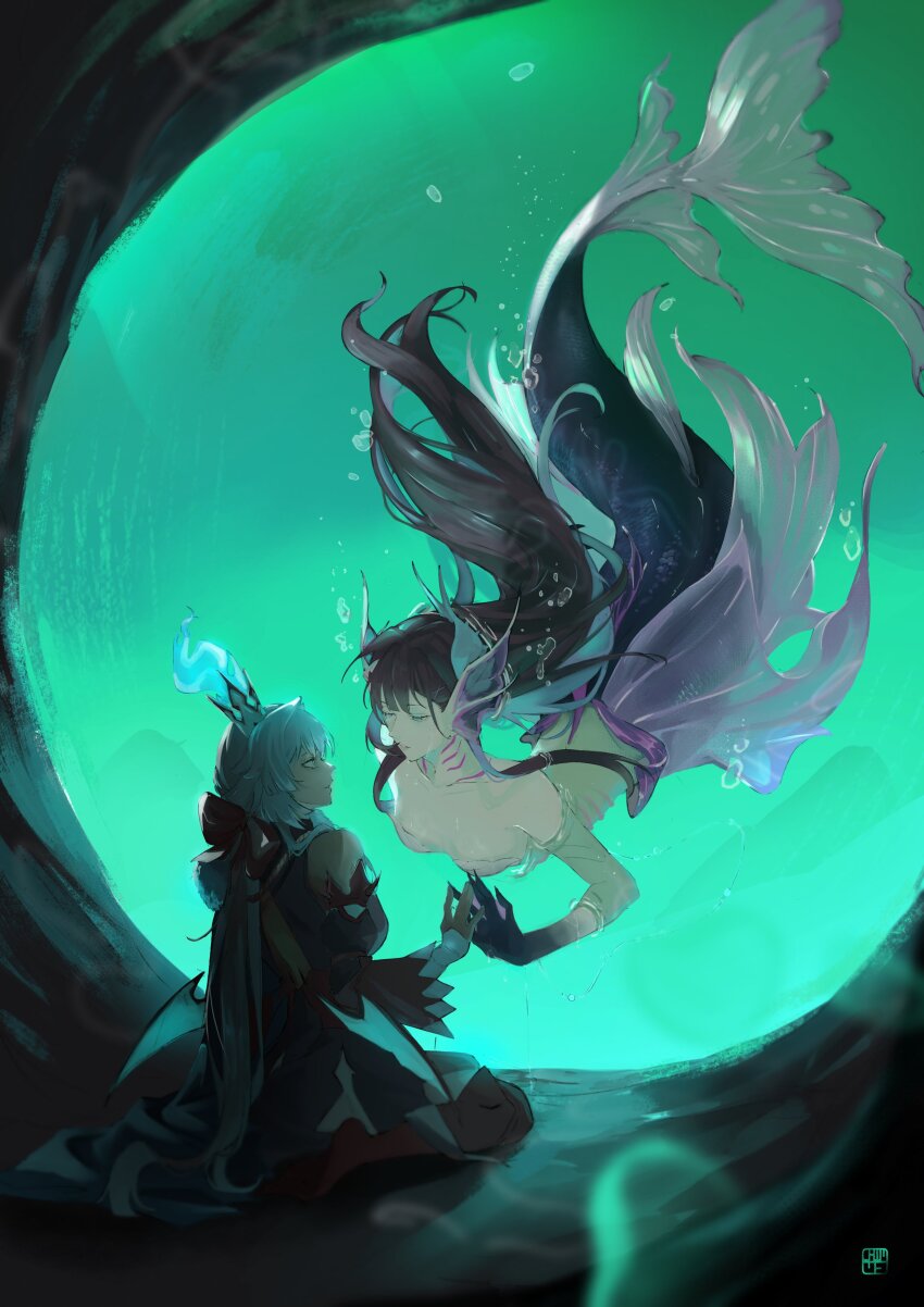 2girls, \||/, absurdres, air_bubble, black_dress, black_hair, bra, breasts