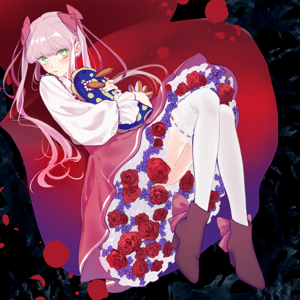 1girl, ankle_boots, aquarium_wa_odoranai, boots, flower, green_eyes, kitty_(aquarium_wa_odoranai), long_hair, long_sleeves, petals, pink_hair, pink_skirt, pout, puffy_long_sleeves, puffy_sleeves, rose, sea_slug, shirt, skirt, thighhighs, tsukasa_satsuki, twintails, white_shirt, white_thighhighs