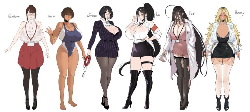 absurdres, bare_shoulders, black_hair, blush, breasts, cleavage, coach, curvy