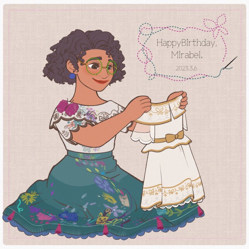 1girl, aqua_skirt, arepa, brown_eyes, brown_hair, colombian_clothes, curly_hair, dark-skinned_female