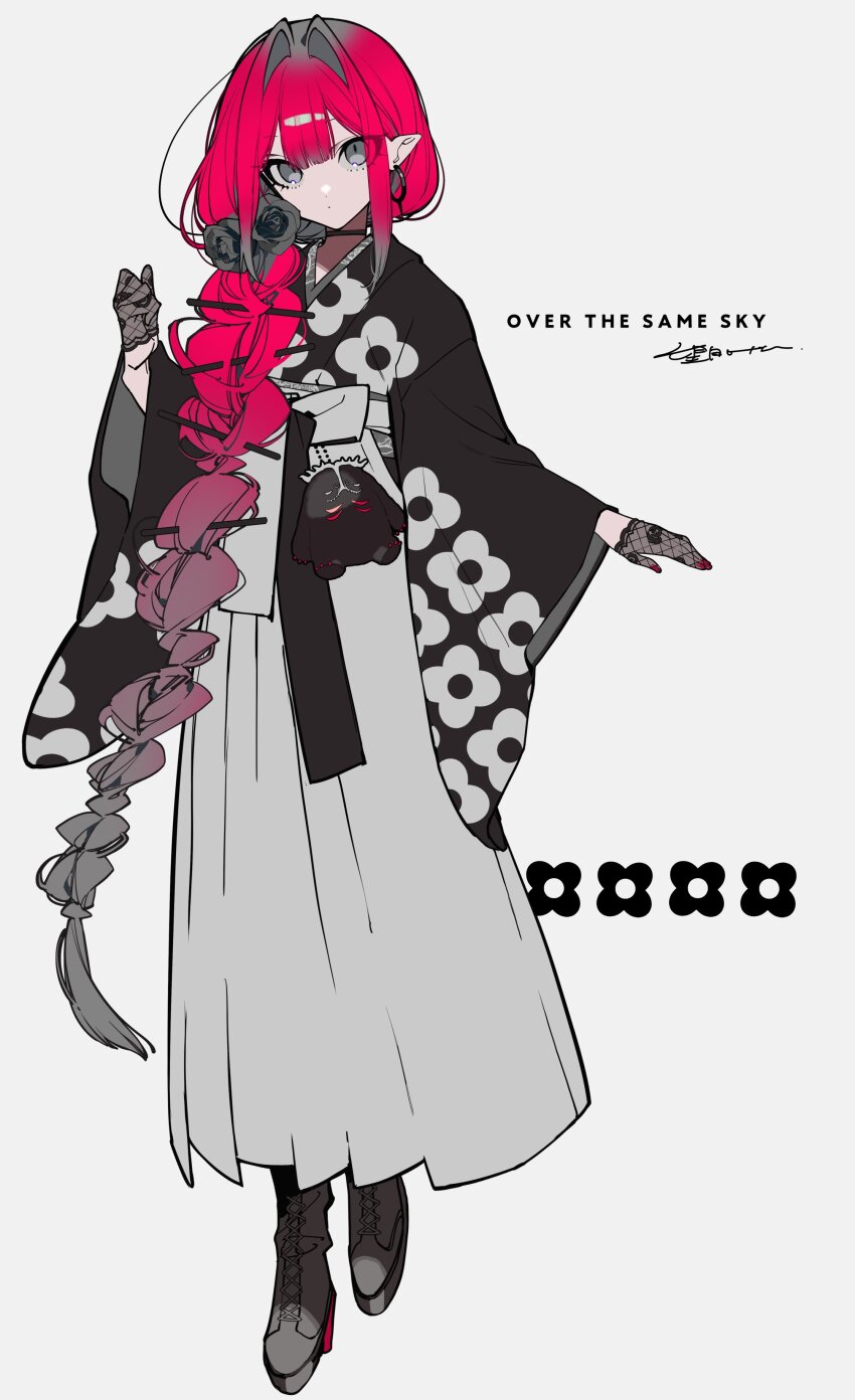 1girl, absurdres, baobhan_sith_(fate), baobhan_sith_(over_the_same_sky)_(fate), black_kimono, breasts, cernunnos_(fate), earrings, fate/grand_order, fate_(series), floral_print, full_body, grey_eyes, grey_hakama, hakama, hakama_skirt, highres, japanese_clothes, jewelry, kimono, long_hair, long_sleeves, looking_at_viewer, medium_breasts, mochizuki_kei, obi, pink_hair, pointy_ears, sash, sidelocks, skirt, solo, stuffed_toy, wide_sleeves