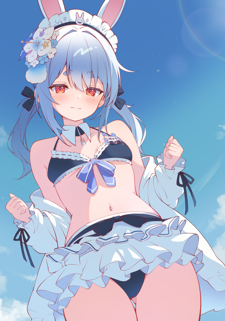 1girl, absurdres, animal_ear_fluff, animal_ears, apron, bikini, bikini_skirt, black_bikini