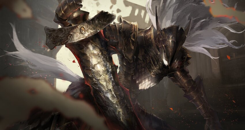 1boy, armor, armored_animal, black_armor, black_helmet, breastplate, covered_eyes, cowboy_shot