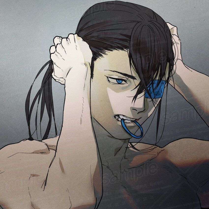 1boy, bandage_over_one_eye, black_hair, blue_eyes, commentary_request, giny, grey_background, hair_between_eyes, hair_tie, hair_tie_in_mouth, highres, looking_ahead, male_focus, medium_hair, mouth_hold, nier, nier_(series), ponytail, sample_watermark, solo, toned, toned_male, topless_male, tying_hair, tyrann, watermark