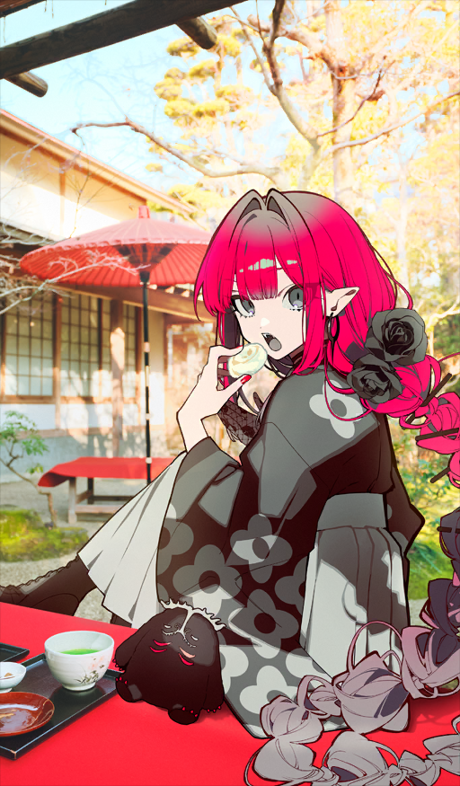 1girl, baobhan_sith_(fate), baobhan_sith_(over_the_same_sky)_(fate), black_kimono, braid, cernunnos_(fate), fate/grand_order, fate_(series)