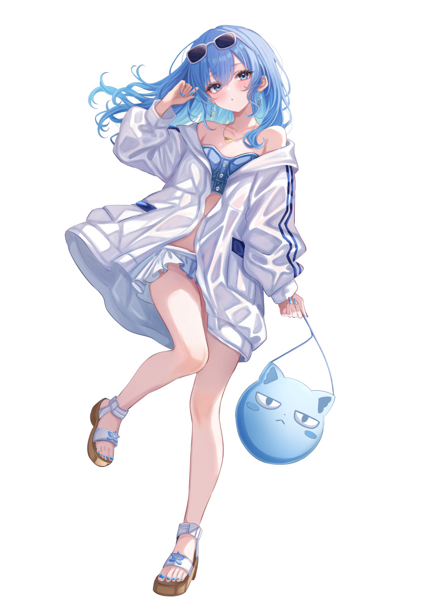 1girl, :o, absurdres, bag, bare_legs, beach, bikini, bikini_skirt