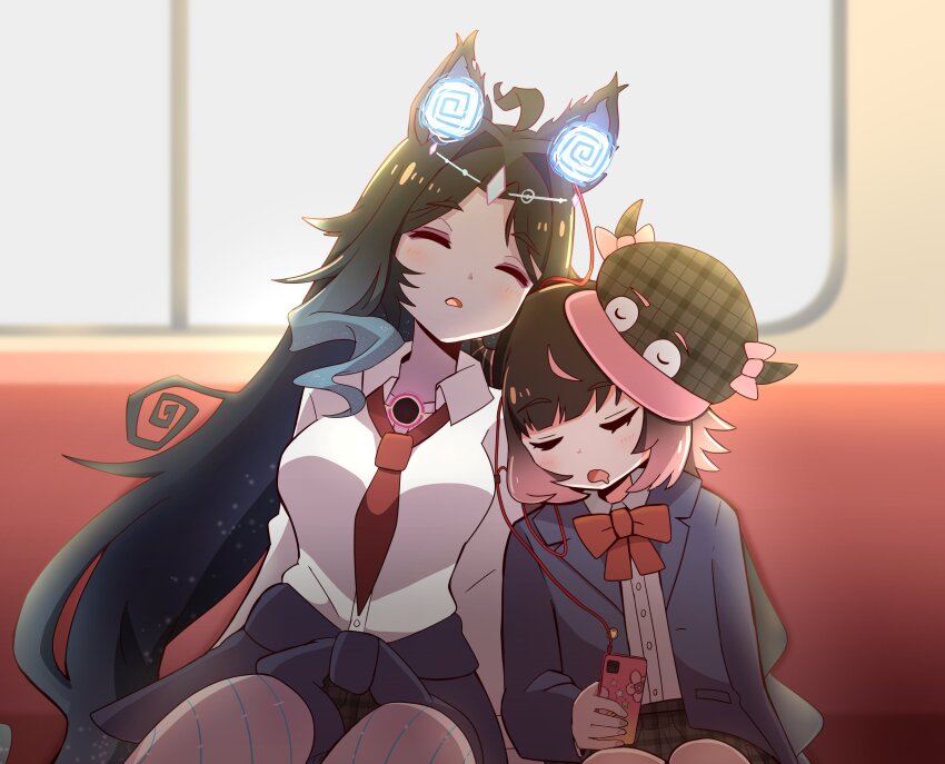 2girls, absurdres, ahoge, alin_laphel, animal_ears, black_hair, blue_hair, blue_jacket