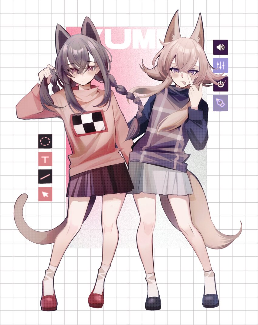 2girls, animal_ears, black_shoes, black_sweater, blonde_hair, braid, cat_ears, cat_girl, cat_tail, closed_mouth, fox_ears, fox_girl, fox_tail, full_body, grey_skirt, hair_between_eyes, hair_flaps, highres, holding, holding_own_hair, kemonomimi_mode, light_blush, long_hair, looking_at_viewer, madotsuki, madproject6, multiple_girls, pink_sweater, plaid_clothes, plaid_sweater_vest, plaid_vest, purple_eyes, purple_skirt, purple_sweater_vest, red_eyes, red_shoes, shoes, sidelocks, skirt, socks, sweater, sweater_vest, tail, tongue, tongue_out, urotsuki, vest, white_socks, yume_2kki, yume_nikki
