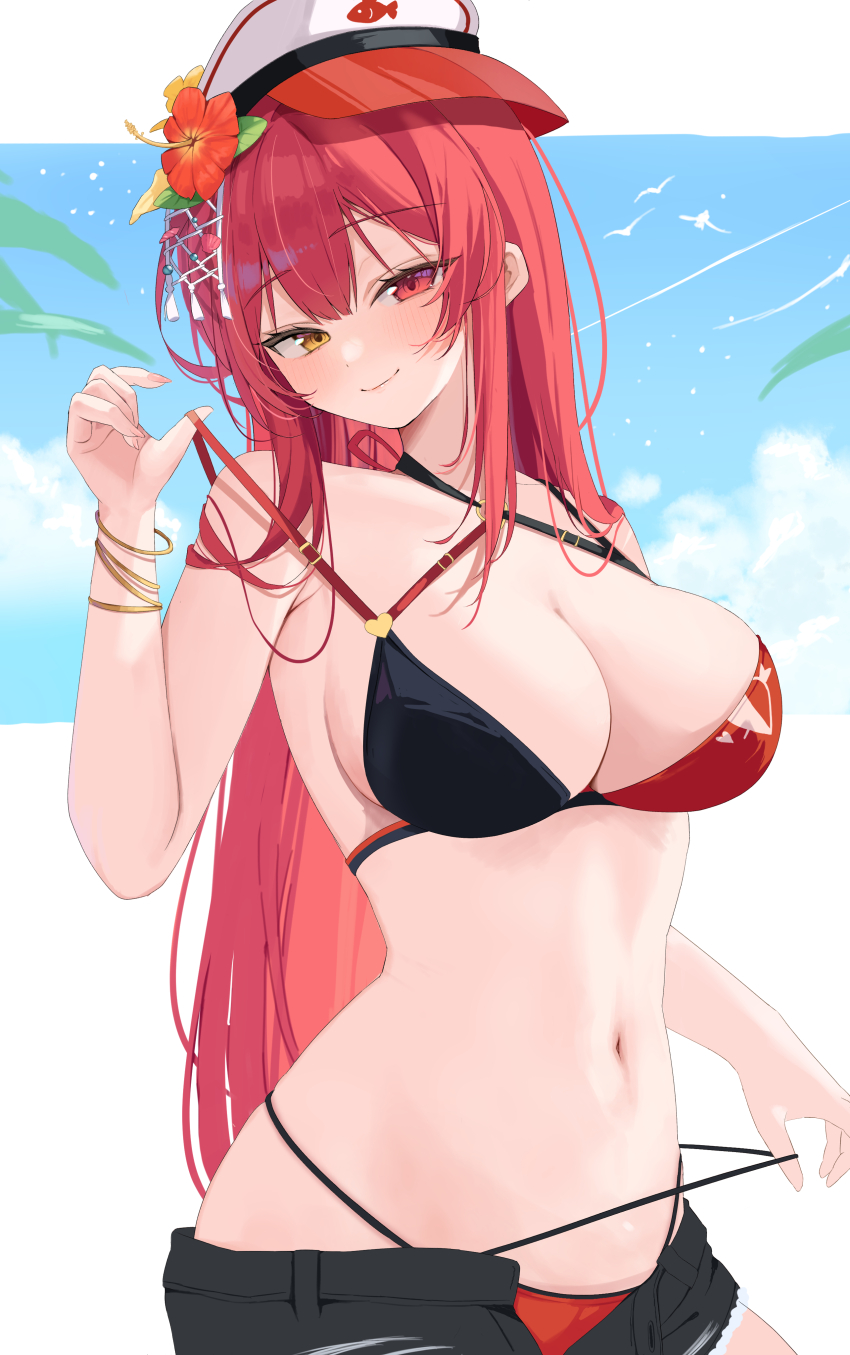 1girl, absurdres, bikini, blue_sky, bracelet, breasts, cleavage, closed_mouth