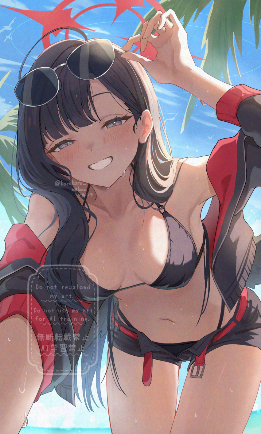 1girl, absurdres, belt, bikini, bikini_bottom_under_shorts, bikini_under_clothes, black_bikini, black_shorts, black_wings, blue_archive, breasts, cross_halo, eyewear_on_head, feathered_wings, halo, highres, ichika_(blue_archive), ichika_(swimsuit)_(blue_archive), korokoro_nekoz, low_wings, medium_breasts, o-ring, o-ring_bikini, o-ring_top, official_alternate_costume, open_clothes, open_shorts, red_belt, red_halo, shorts, solo, sunglasses, swimsuit, unusually_open_eyes, wings