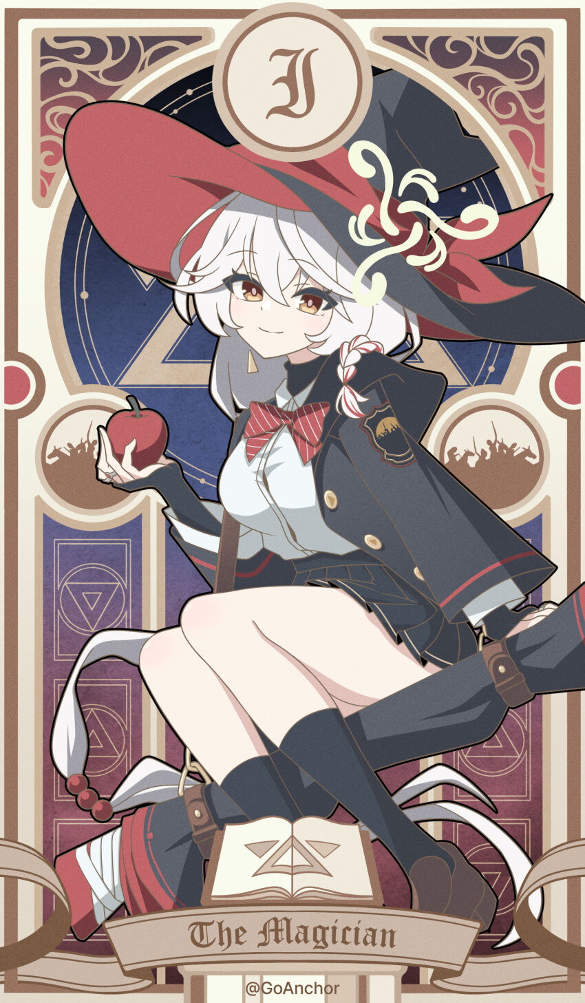 absurdres, apple, beads, black_hat, black_jacket, black_skirt, blue_archive, book