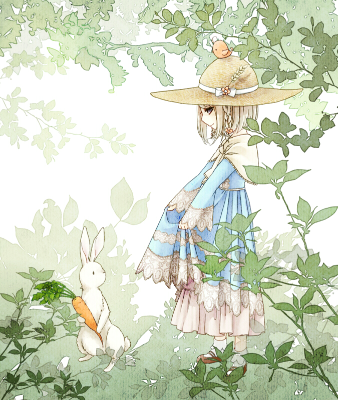 1girl, blonde_hair, blue_dress, boots, braid, branch, brown_boots, capelet