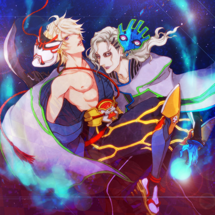 10s, 2boys, bare_shoulders, blonde_hair, blue_eyes, blue_fire, cape, damaged