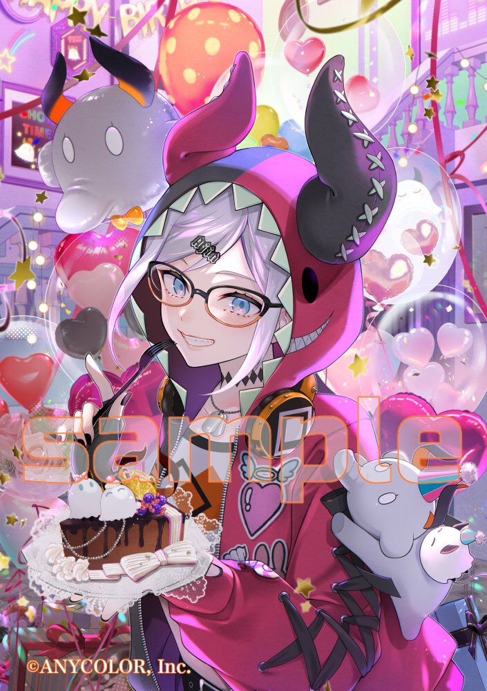 1girl, balloon, blue_eyes, cake, cake_slice, commentary_request, copyright_notice, dog_tags