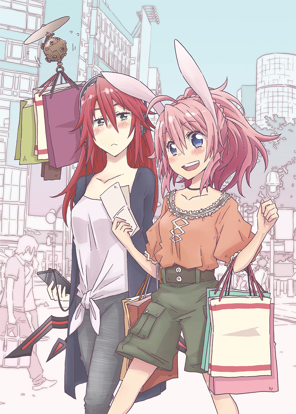 2girls, alternate_costume, android, animal_ears, automedic_alma, bag, black_jacket, black_pants, contemporary, drone, emil_chronicle_online, green_shorts, grey_eyes, headphones, highres, holding, holding_bag, holding_map, holding_phone, jacket, map, minnie_doe_alma, multiple_girls, orange_shirt, pants, phone, pink_hair, ponytail, rabbit_ears, rabbit_girl, red_hair, sasarai_sawa, shibuya_(tokyo), shirt, shopping_bag, shorts, tokyo_(city), white_shirt