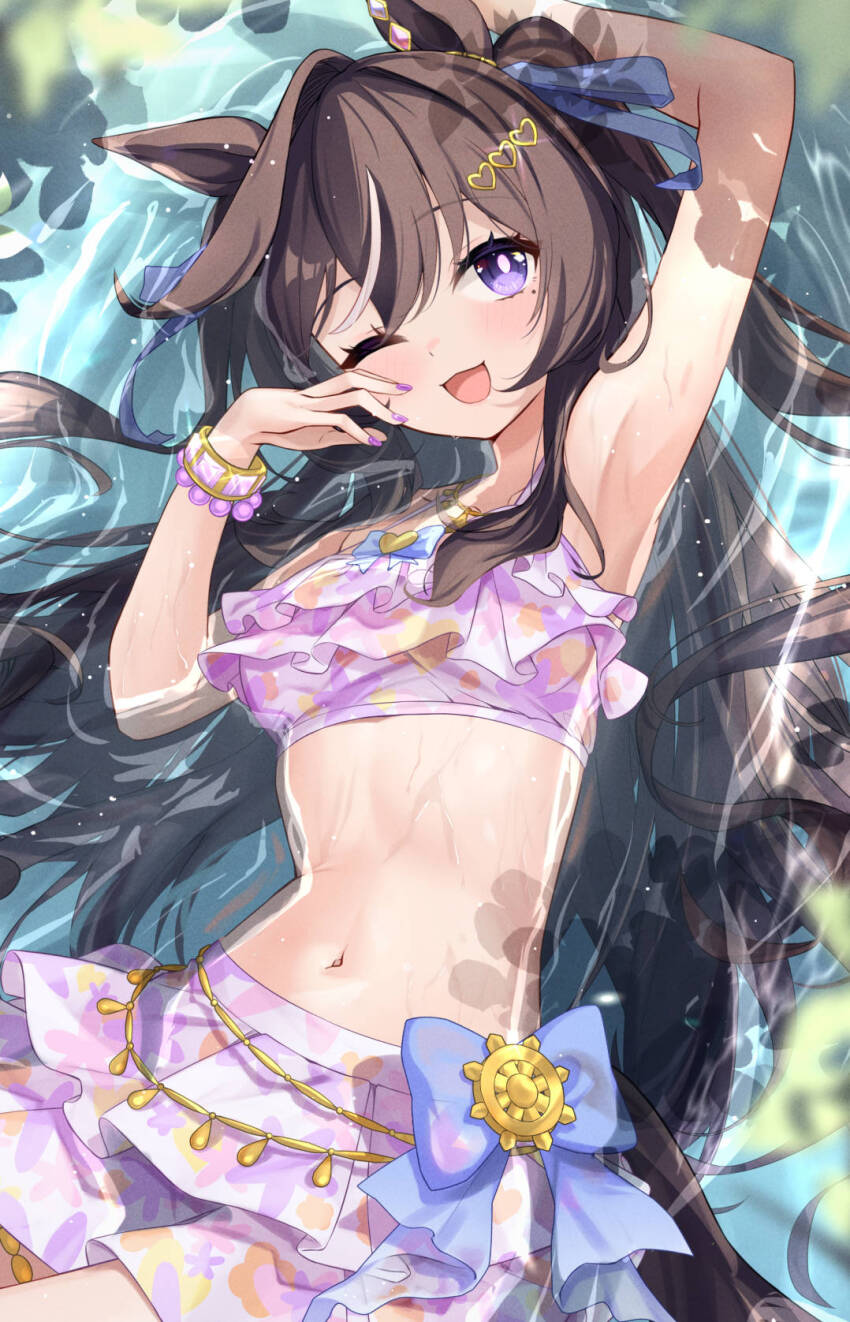 1girl, animal_ears, arm_up, armpits, bikini, bikini_skirt, black_hair, blush