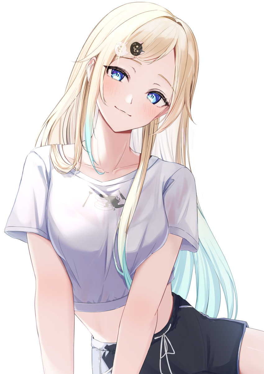 1girl, 717minami, absurdres, aizawa_ema, aizawa_ema_(4th_costume), black_shorts, blonde_hair, blue_eyes