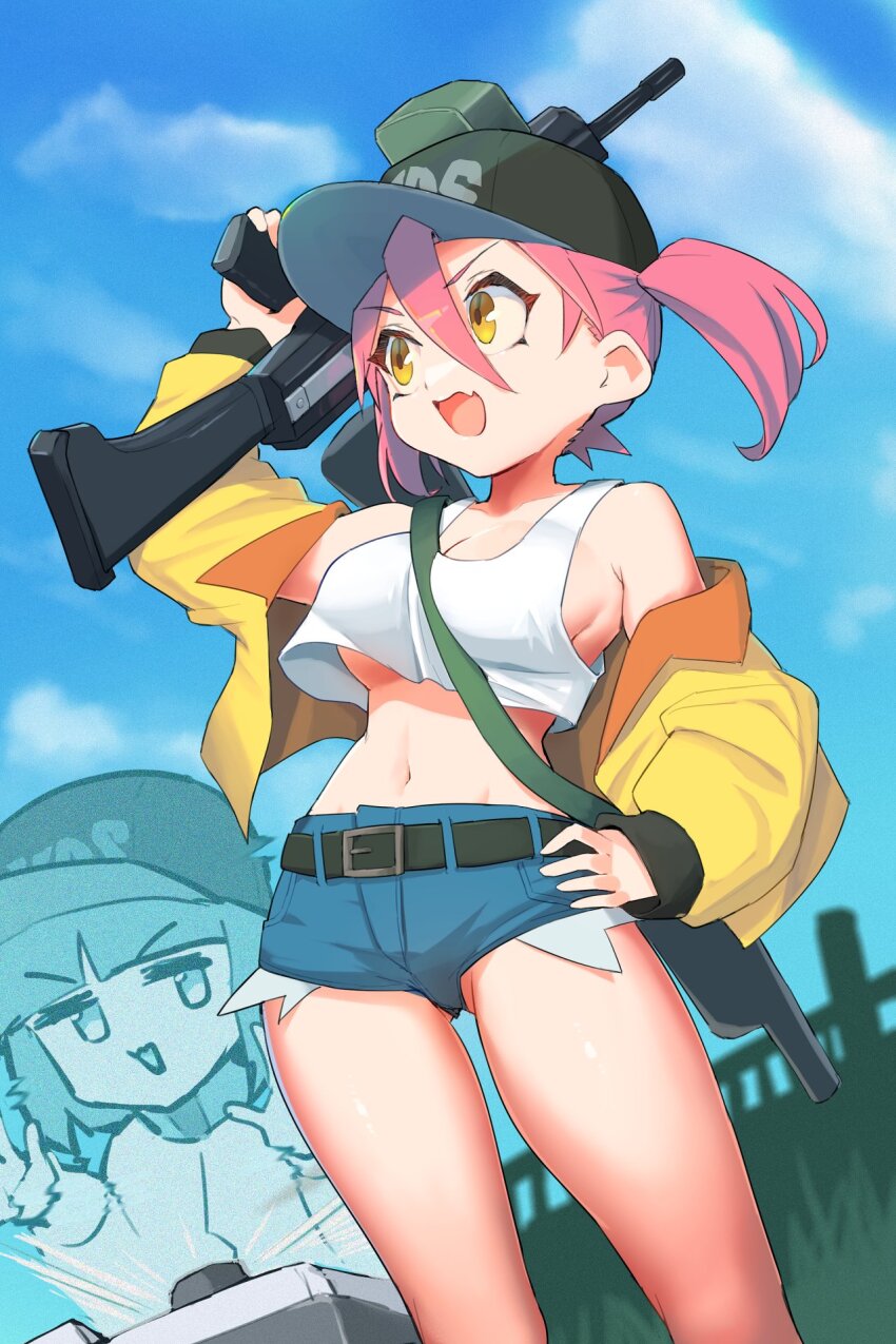 1girl, asahina_yoko, bare_shoulders, baseball_cap, belt, black_belt, black_hat, blue_shorts, blue_sky, breasts, commentary_request, cowboy_shot, crop_top, fang, gun, hand_on_own_hip, hat, highres, holding, holding_gun, holding_weapon, jacket, large_breasts, madsensei, midriff, navel, nitro_express, off_shoulder, open_mouth, pink_hair, shorts, sideboob, skin_fang, sky, smile, solo, stomach, tank_top, underboob, weapon, white_tank_top, yagyo_tamaki, yellow_eyes, yellow_jacket