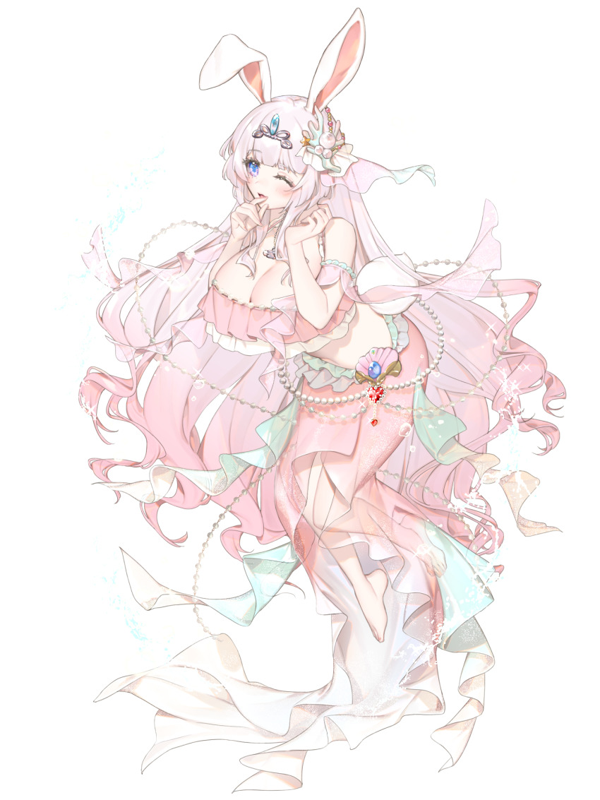 1girl, alternate_breast_size_(larger), animal_ears, barefoot, blue_eyes, breasts, cleavage, coral_hair_ornament, dairoku_ryouhei, finger_to_mouth, full_body, hair_ornament, hand_up, highres, jewelry, large_breasts, long_hair, marshmallow_alamode, midriff, necklace, one_eye_closed, pink_hair, pink_skirt, rabbit_ears, shichimi, skirt, solo, transparent_background, very_long_hair