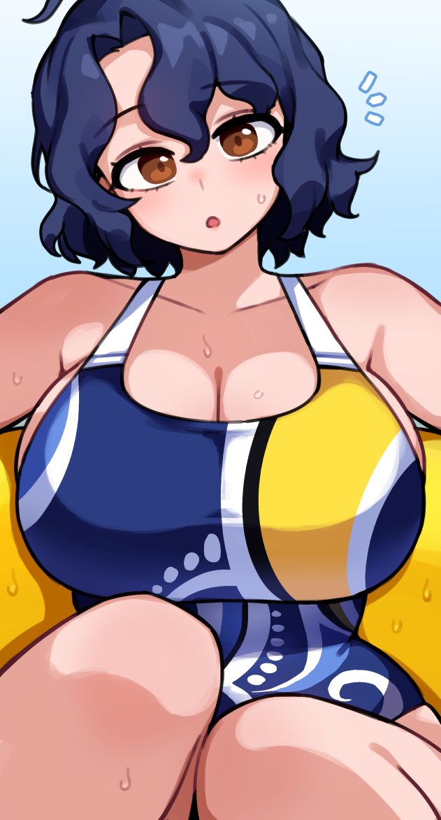 1girl, :o, armpit_crease, blue_hair, breasts, cleavage, collarbone, commentary_request, commission, competition_swimsuit, feet_out_of_frame, head_tilt, huge_breasts, idolmaster, idolmaster_million_live!, idolmaster_million_live!_theater_days, innertube, kwaejina, looking_at_viewer, notice_lines, on_innertube, one-piece_swimsuit, pixiv_commission, short_hair, solo, sweat, swim_ring, swimsuit, toyokawa_fuka, wave_makers!_(idolmaster)