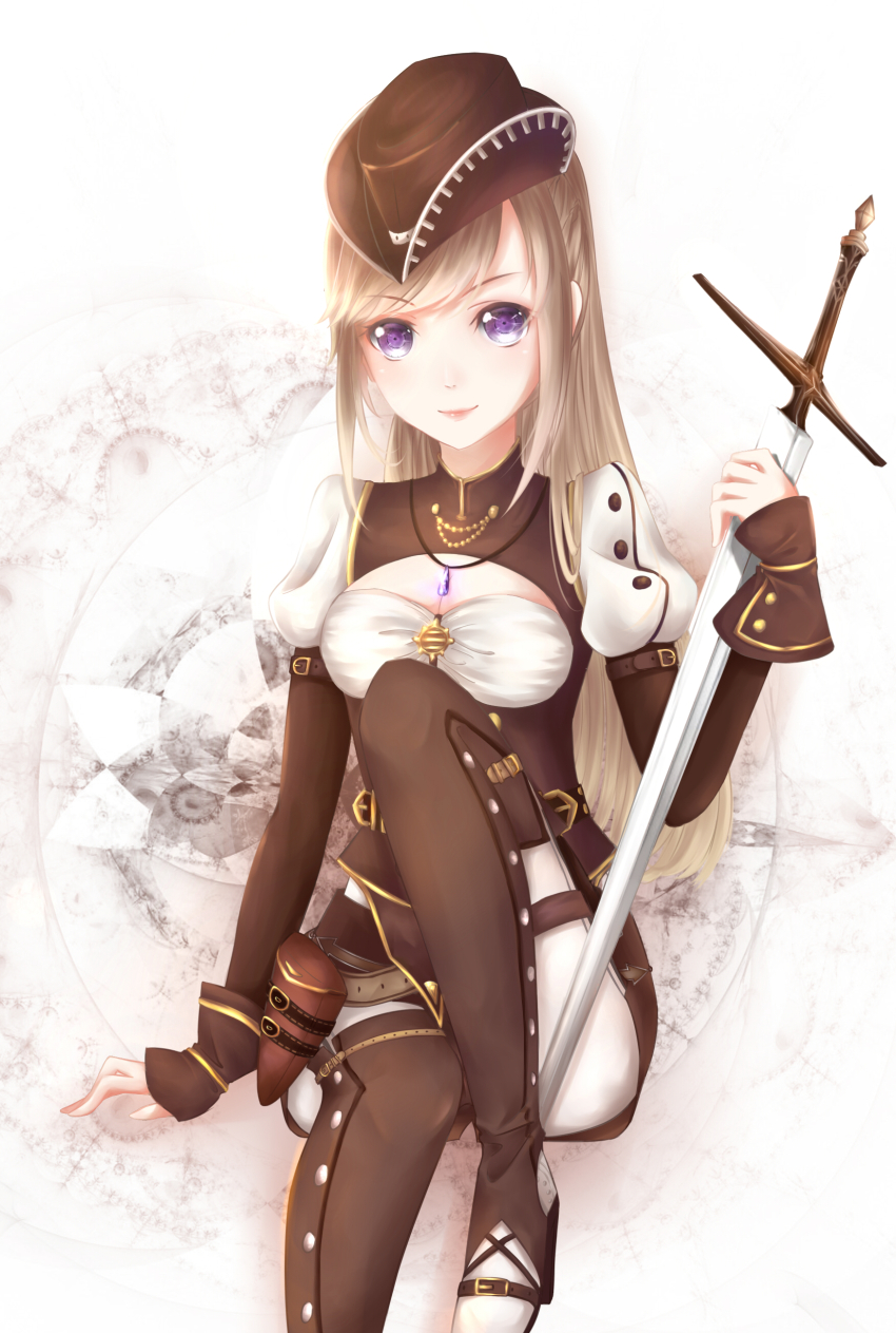 1girl, absurdres, ace_(miracle_nikki), ace_(miracle_nikki)_(cosplay), airyfic, arm_belt, belt, belt_buckle, blonde_hair, boots, breasts, brown_belt, brown_gloves, brown_hat, brown_skirt, brown_thighhighs, brown_vest, buckle, buttons, chinese_commentary, cleavage, cleavage_cutout, closed_mouth, clothing_cutout, commentary_request, cosplay, cowboy_hat, fingerless_gloves, foot_out_of_frame, gloves, gold_buckle, hand_on_ground, happy, hat, high_heel_boots, high_heels, highres, holding, holding_sword, holding_weapon, jewelry, knee_up, layered_sleeves, lipstick, long_hair, long_sleeves, looking_at_viewer, makeup, medium_breasts, microskirt, miracle_nikki, multiple_belts, nikki_(series), orange_outline, outline, pendant, pink_lips, puffy_short_sleeves, puffy_sleeves, purple_eyes, scabbard, sheath, shirt, shoe_belt, short_over_long_sleeves, short_sleeves, sidelocks, sitting, skirt, smile, solo, stirrup_legwear, straight_hair, stylist_(nikki), sword, tareme, thighhighs, toeless_legwear, very_long_hair, vest, weapon, white_background, white_boots, white_shirt