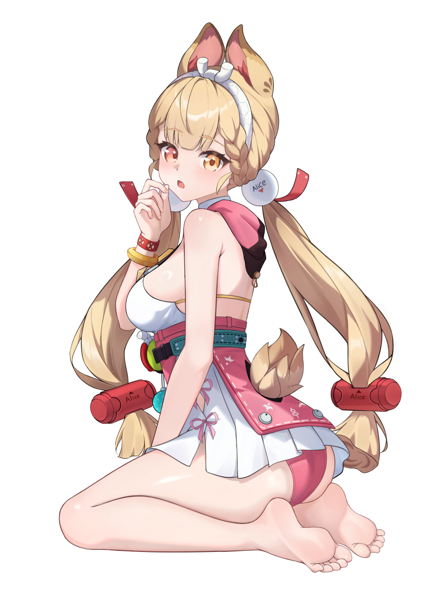 1girl, absurdres, alice_thymefield, animal_ears, barefoot, blonde_hair, feet, hair_ornament