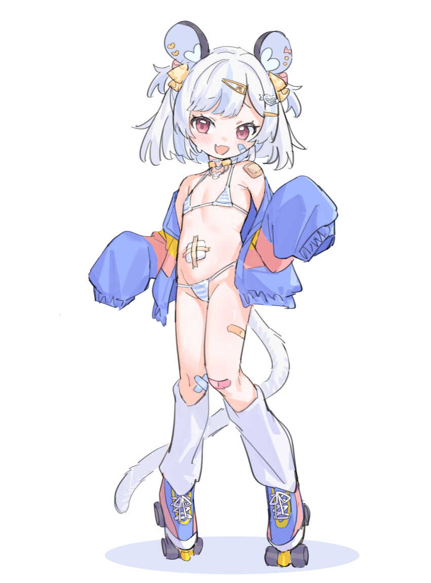 1girl, absurdres, animal_ears, bandaid, bandaid_on_knee, bandaid_on_leg, bandaid_on_thigh, bikini, blue_bikini, flat_chest, full_body, highres, indie_virtual_youtuber, loli, maplesights, micro_bikini, nemimi_yane, roller_skates, skates, solo, standing, striped_bikini, striped_clothes, swimsuit, tail, virtual_youtuber, white_bikini, white_hair